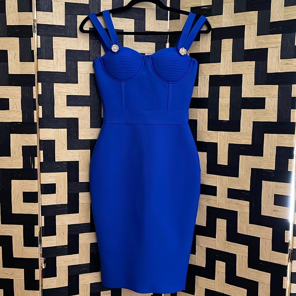 Blue cocktail dress corset style detailing on top, rhinestone trim, size Small